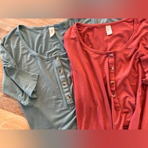 kate quinn Set of 2 Bamboo Blend Henley Tops Sage and Terracotta, Size Small